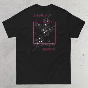 t-shirt noir streetwear japonais unisexe sakura contours avec branche de cerisier dessinée en traits légers